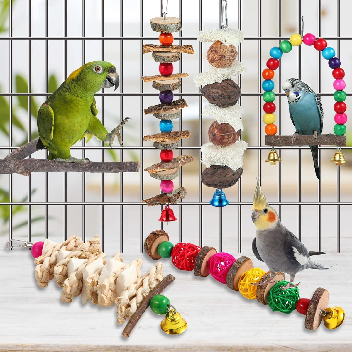 Bird Toys & Perch Set – 6-Pack Wooden Chew Toys & Stand for Parakeets, Cockatiels, Conures, Budgies, Lovebirds & Small to Medium Birds