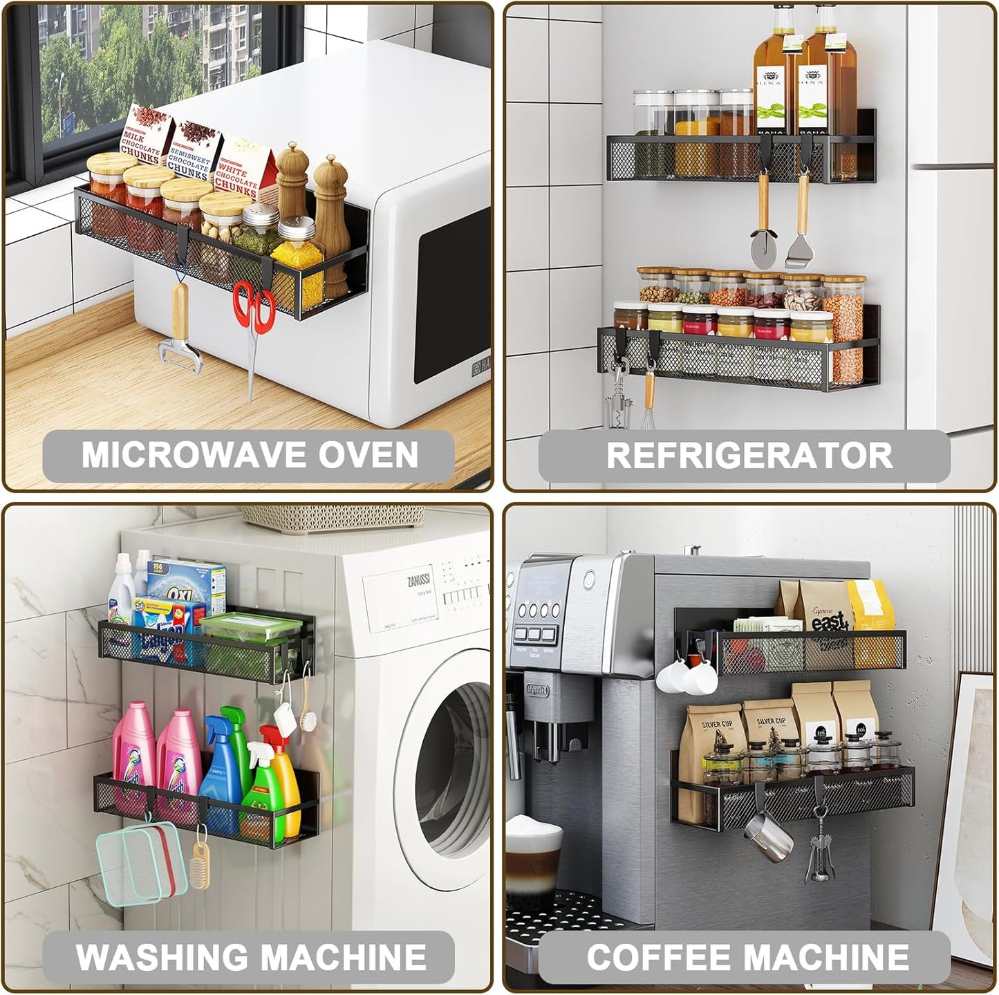 2-Pack Magnetic Spice Rack for Refrigerator – Fridge Organizer Shelves with 4 Moveable Hooks – Space-Saving Magnetic Kitchen Storage Shelf for Spices & Utensils