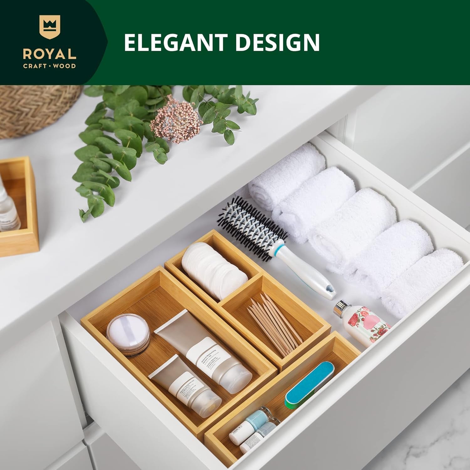 Luxury Bamboo Drawer Organizer Set – 3-Piece Multi-Use Storage Boxes for Kitchen, Bathroom, Office, Makeup & Jewellery