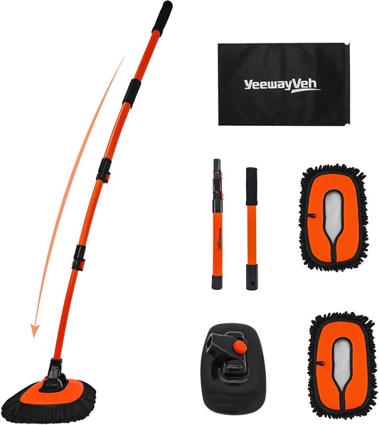 55" Extendable Car Wash Brush Mop – Soft Microfiber Cleaning Kit with Extra Mop Head & Storage Bag for Truck & SUV, Orange