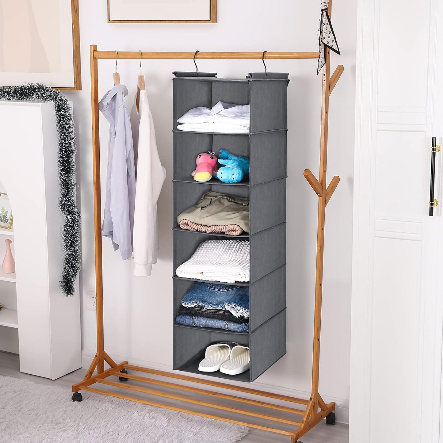 6-Tier Hanging Closet Organizer – Foldable Fabric Shelf with 2 Sturdy Hooks for Wardrobe & Storage Organization (Grey)