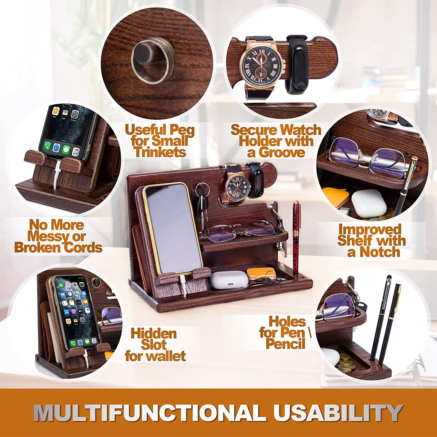 Wood Phone Docking Station Desk Organizer – Nightstand Key & Wallet Stand, Gift for Men, Dad, Boyfriend, Husband (Xmas, Birthday, Anniversary)