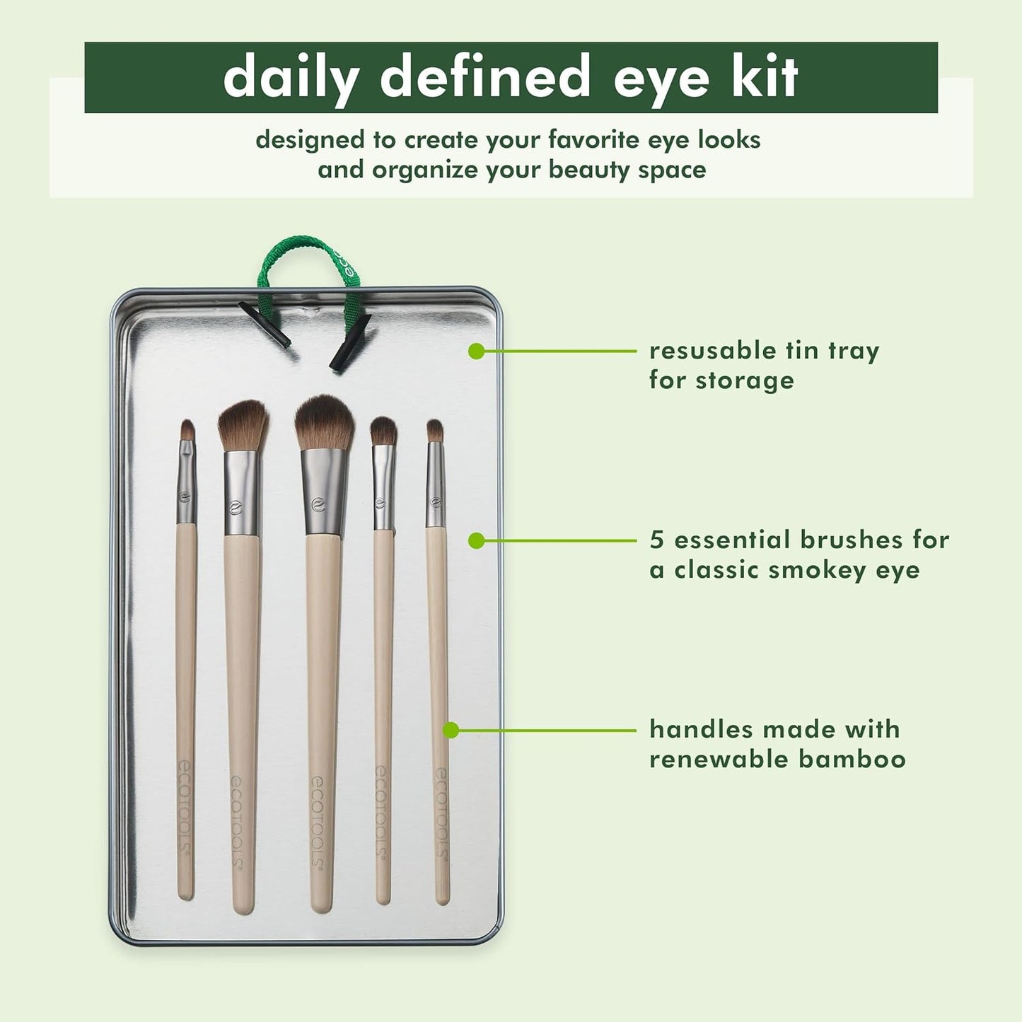 Daily Defined Eye Brush Kit with Storage Tray – 5-Piece Eco-Friendly Makeup Brushes for Liquid, Powder & Cream Eyeshadow & Eyeliner – Vegan, Cruelty-Free Synthetic Bristles