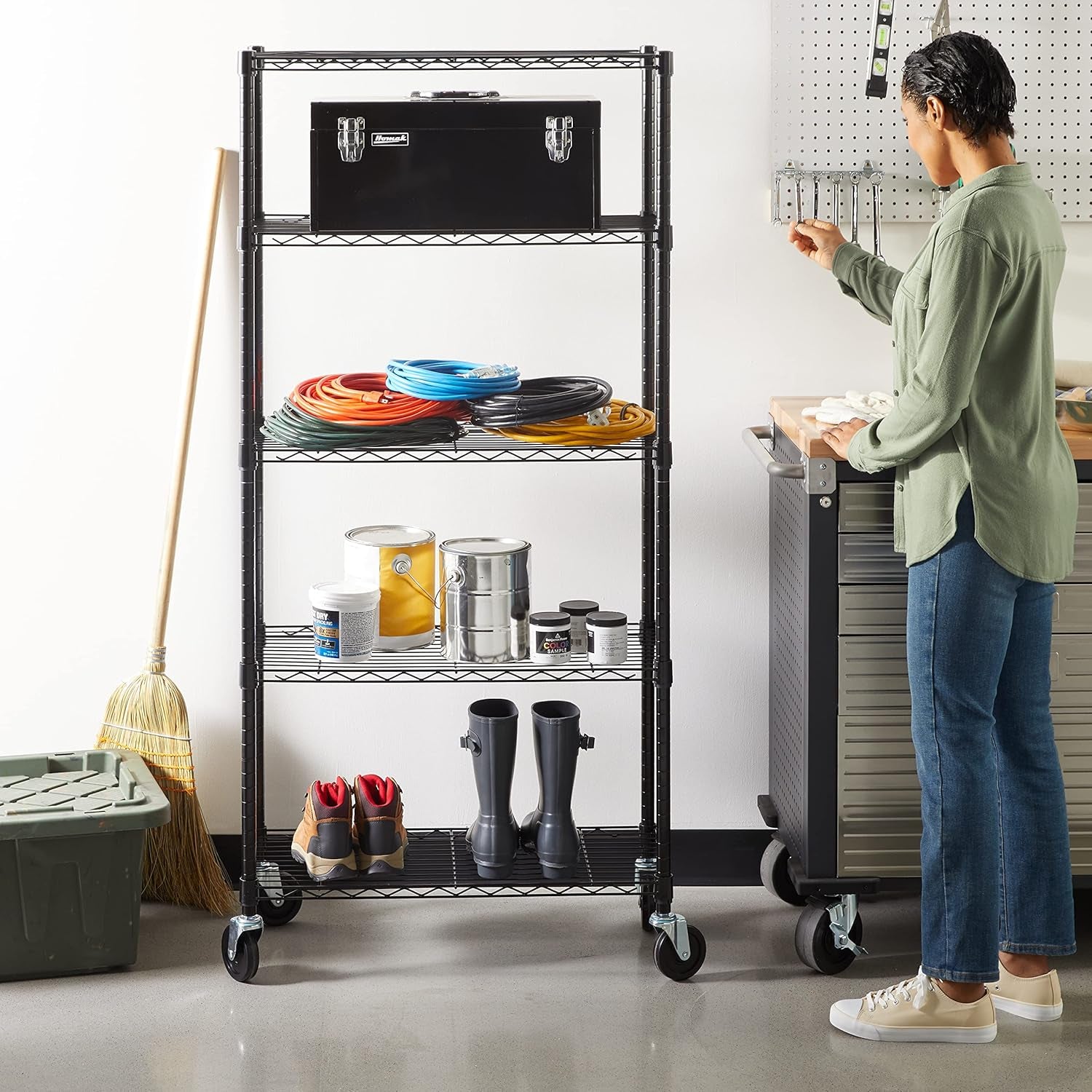 5-Shelf Medium Storage Unit – Heavy Duty Adjustable Shelving with 4" Casters & Levelling Feet, 680Kg Capacity, 76.2×35.6×164.5 cm, Black