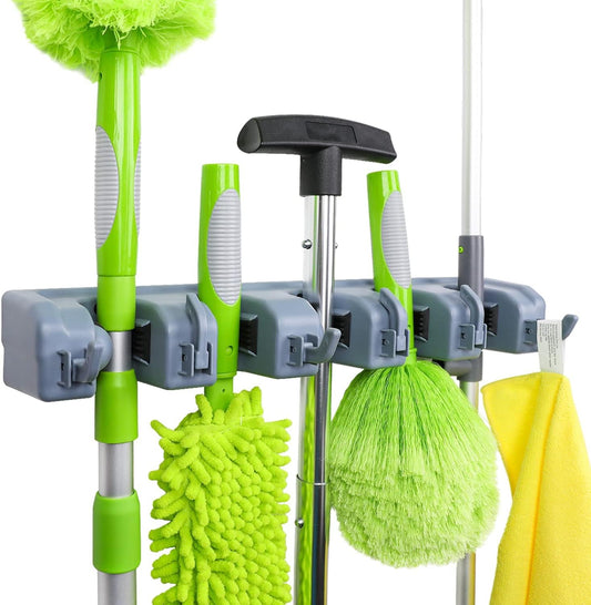 Wall Mount Broom Holder & Garden Tool Organizer – 5 Slot 6 Hook Rack, Heavy-Duty Storage, 43×8.5×6.2cm, Gray