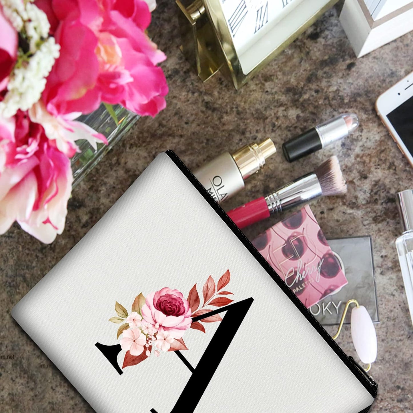 A-Z Personalized Makeup Bag – Monogram Cosmetic Pouch for Women, Mom, Best Friend, Bride & Bridesmaids – Birthday Gift & Travel Organizer (Initial A)