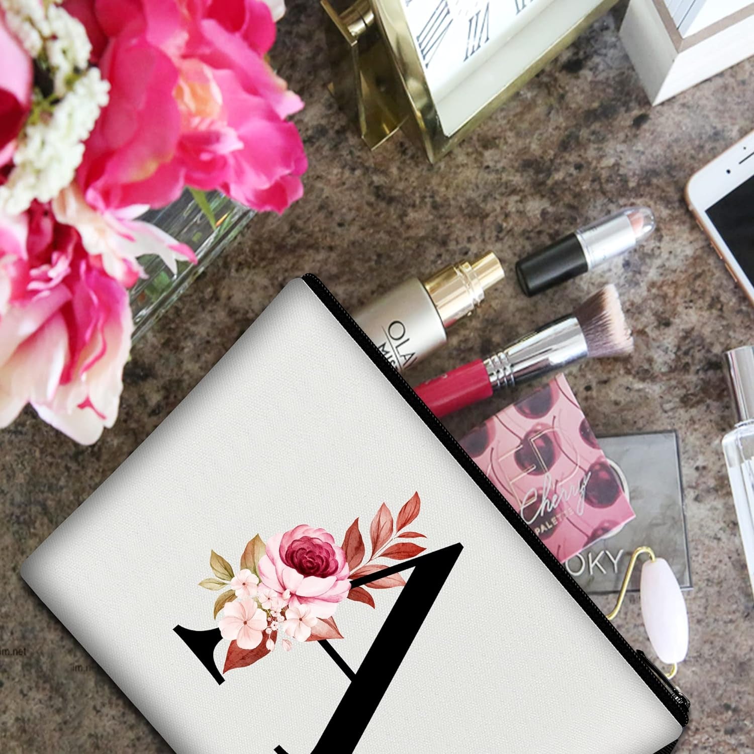 A-Z Personalized Makeup Bag – Monogram Cosmetic Pouch for Women, Mom, Best Friend, Bride & Bridesmaids – Birthday Gift & Travel Organizer (Initial A)