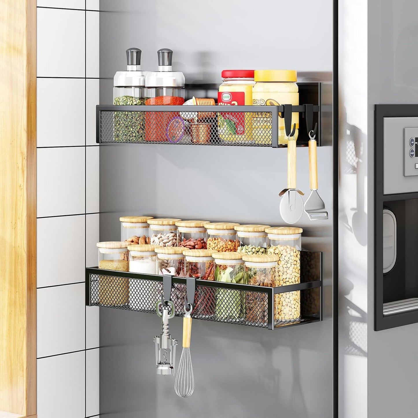 2-Pack Magnetic Spice Rack for Refrigerator – Fridge Organizer Shelves with 4 Moveable Hooks – Space-Saving Magnetic Kitchen Storage Shelf for Spices & Utensils