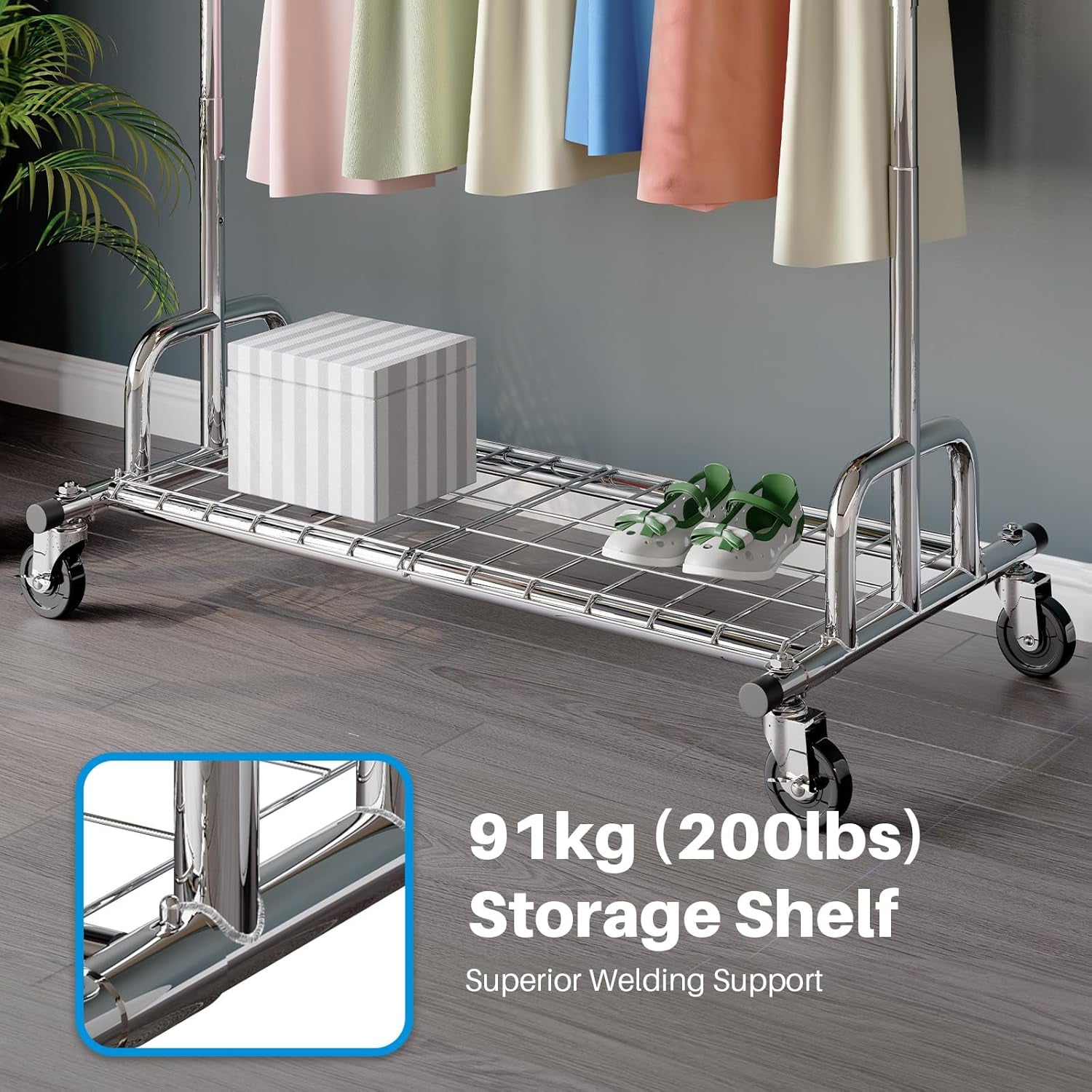 Heavy Duty Clothes Rail – 238Kg Capacity, Extendable Garment Rack with Wheels & Shelves, Space-Saving for Bedroom, Laundry, Apartment – Silver