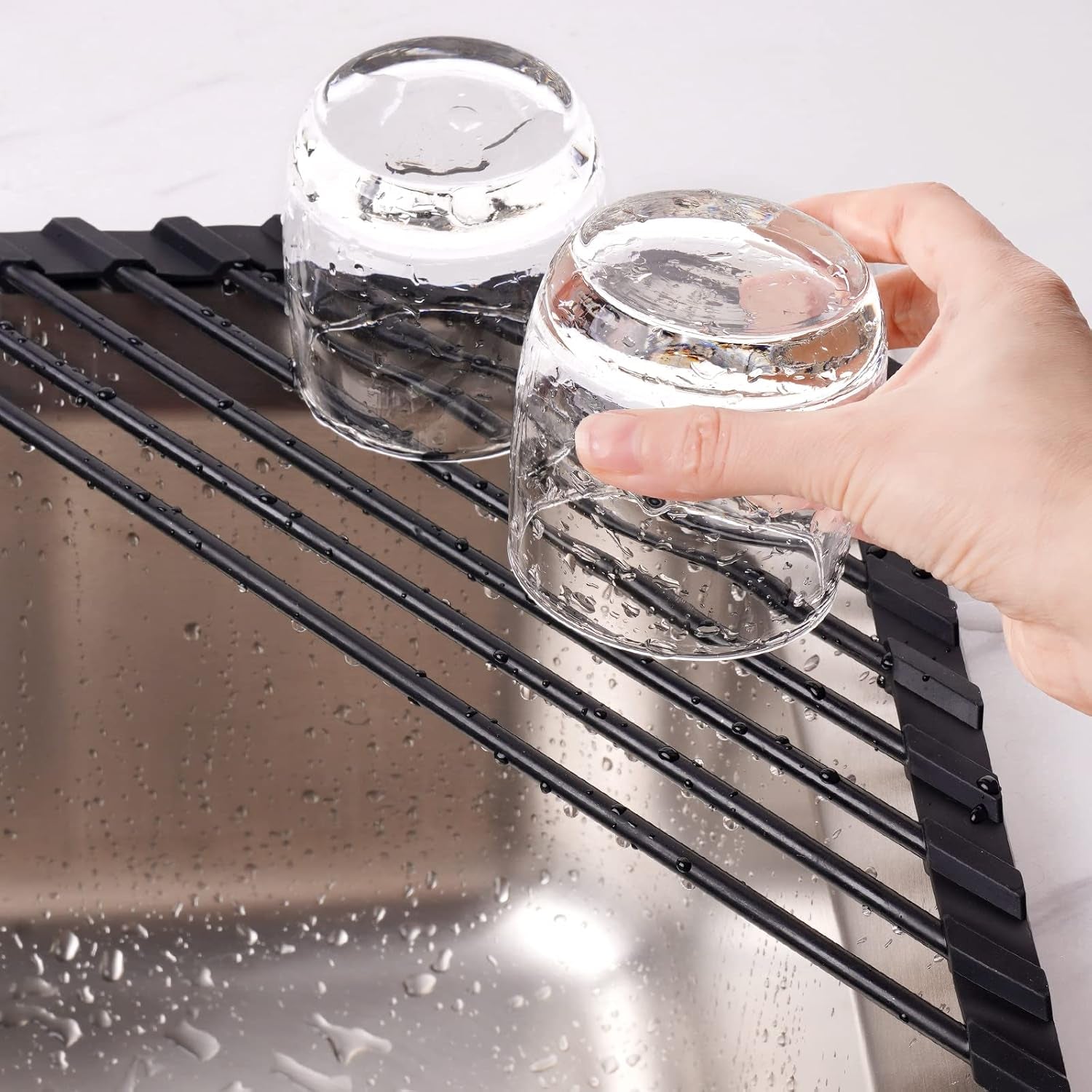 Small Triangle Roll-Up Dish Drying Rack – Black Silicone-Coated Stainless Steel Over-the-Sink Drainer for Sink Corners & Space-Saving Kitchen Storage
