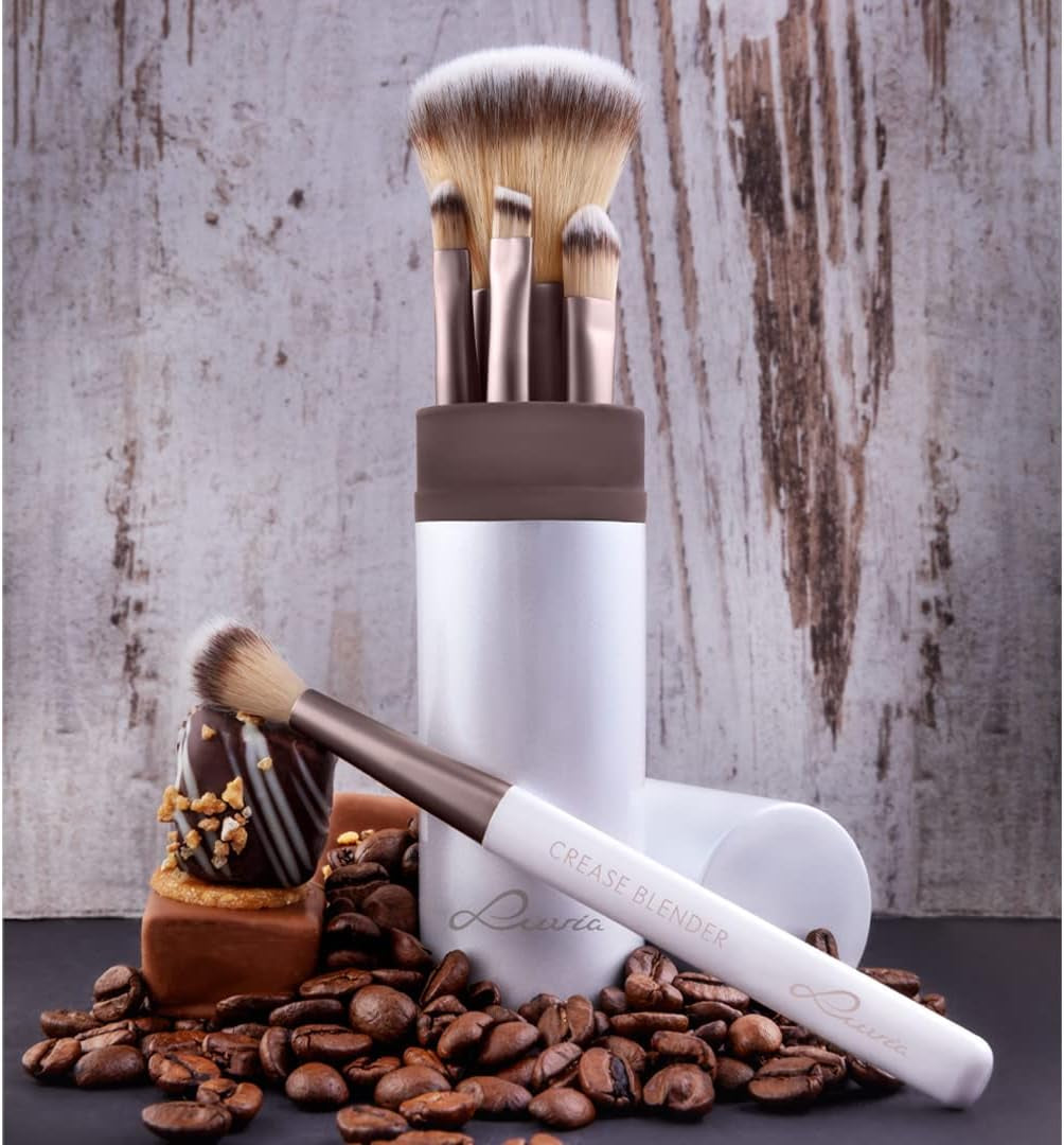 Luvia Travel Makeup Brush Set – 5-Piece Vegan Cosmetic Brushes with Storage Case, Macchiato Edition (White/Black)
