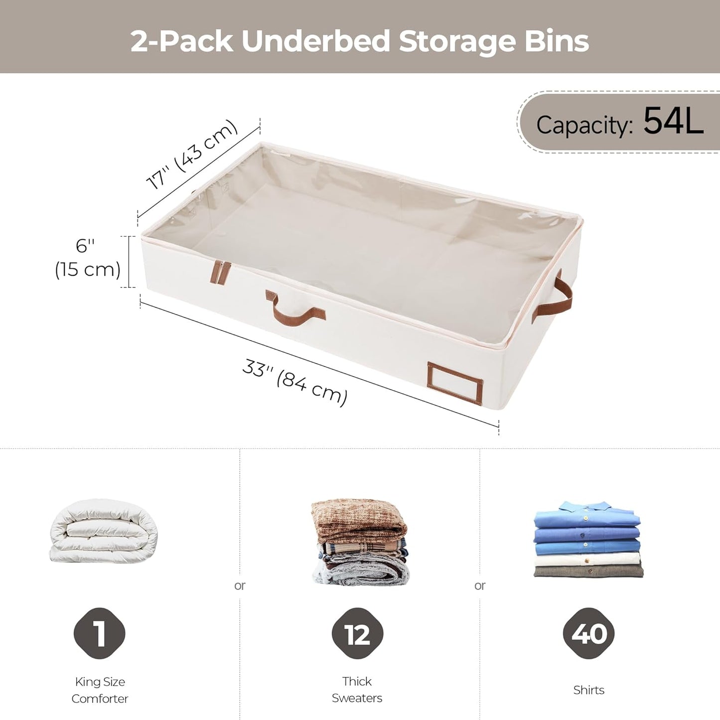 Underbed Storage Boxes with Lids – 2-Pack Large Rigid Containers for Clothes, Bedding & Bedroom Accessories, Ultra-Thick Ivory White Organisers