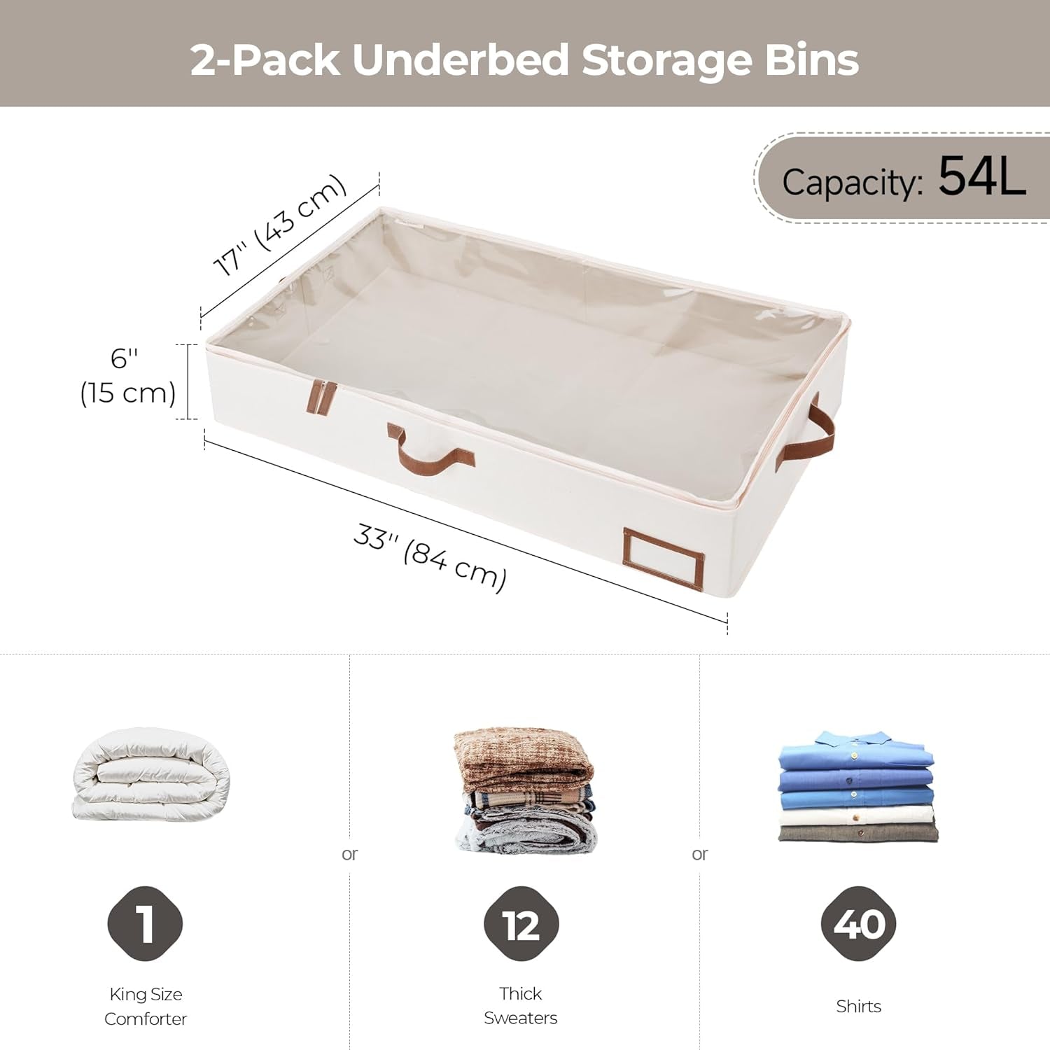 Underbed Storage Boxes with Lids – 2-Pack Large Rigid Containers for Clothes, Bedding & Bedroom Accessories, Ultra-Thick Ivory White Organisers