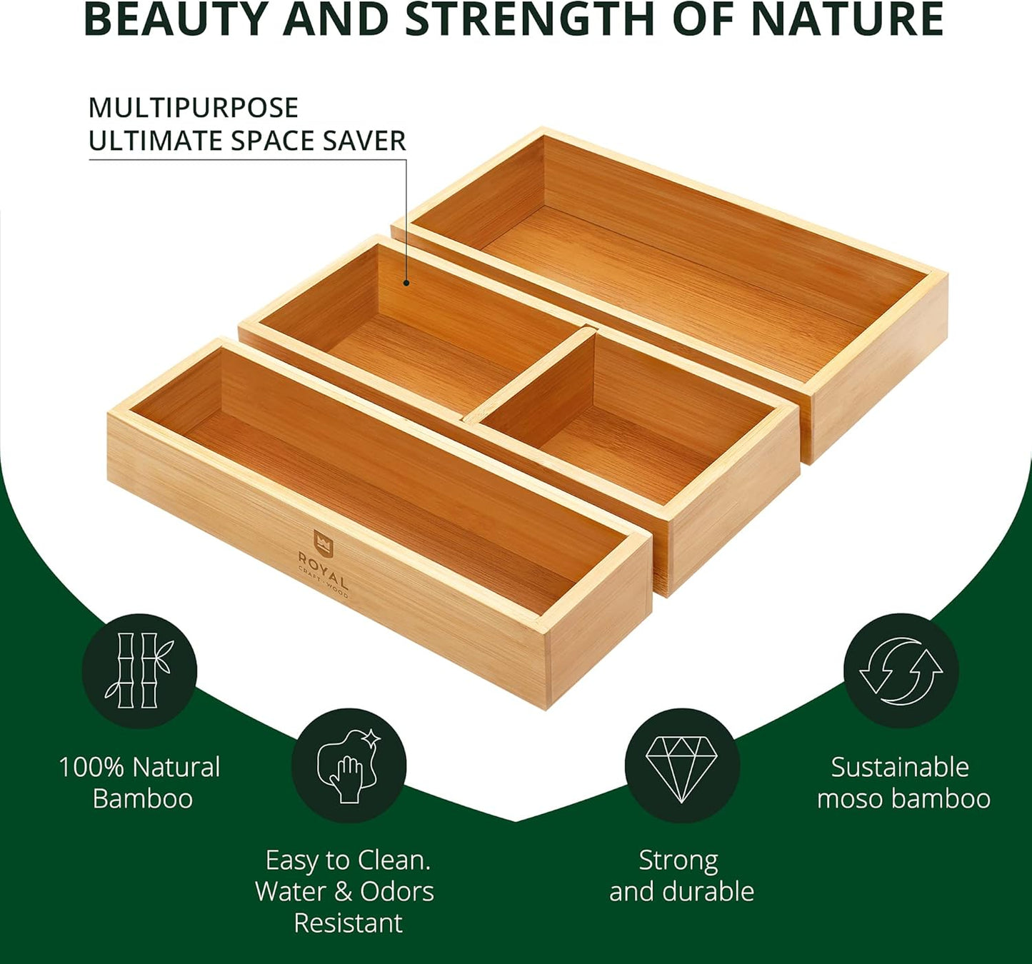 Luxury Bamboo Drawer Organizer Set – 3-Piece Multi-Use Storage Boxes for Kitchen, Bathroom, Office, Makeup & Jewellery