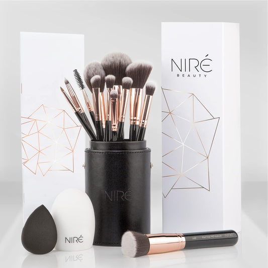 15-Piece Professional Vegan Makeup Brush Set – Award-Winning Beauty Kit with Travel Case, Blending Sponge, Brush Cleaner & Guide in Gift Box