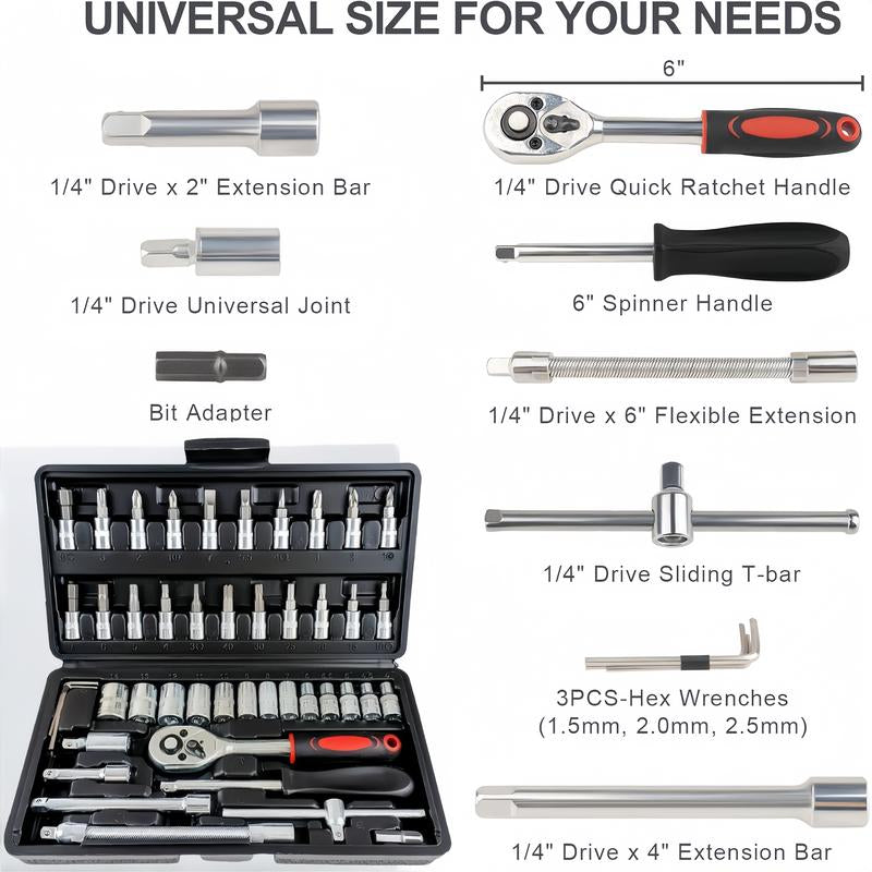 53/46-Piece Car Repair Tool Set – Ratchet Torque Wrench, Spanner, Screwdriver & Socket Combo Kit for Bicycle, Auto & Mechanic Use