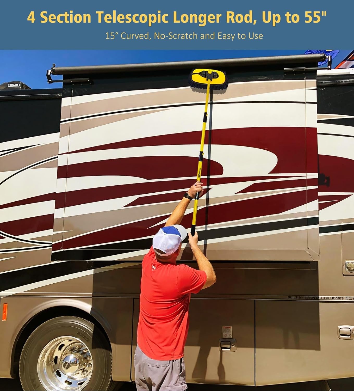 55" Car Wash Brush with Long Handle – 15° Curved Extendable Cleaning Mop with Replaceable Microfiber Head & Storage Bag for RV, Truck, Camper (Orange)