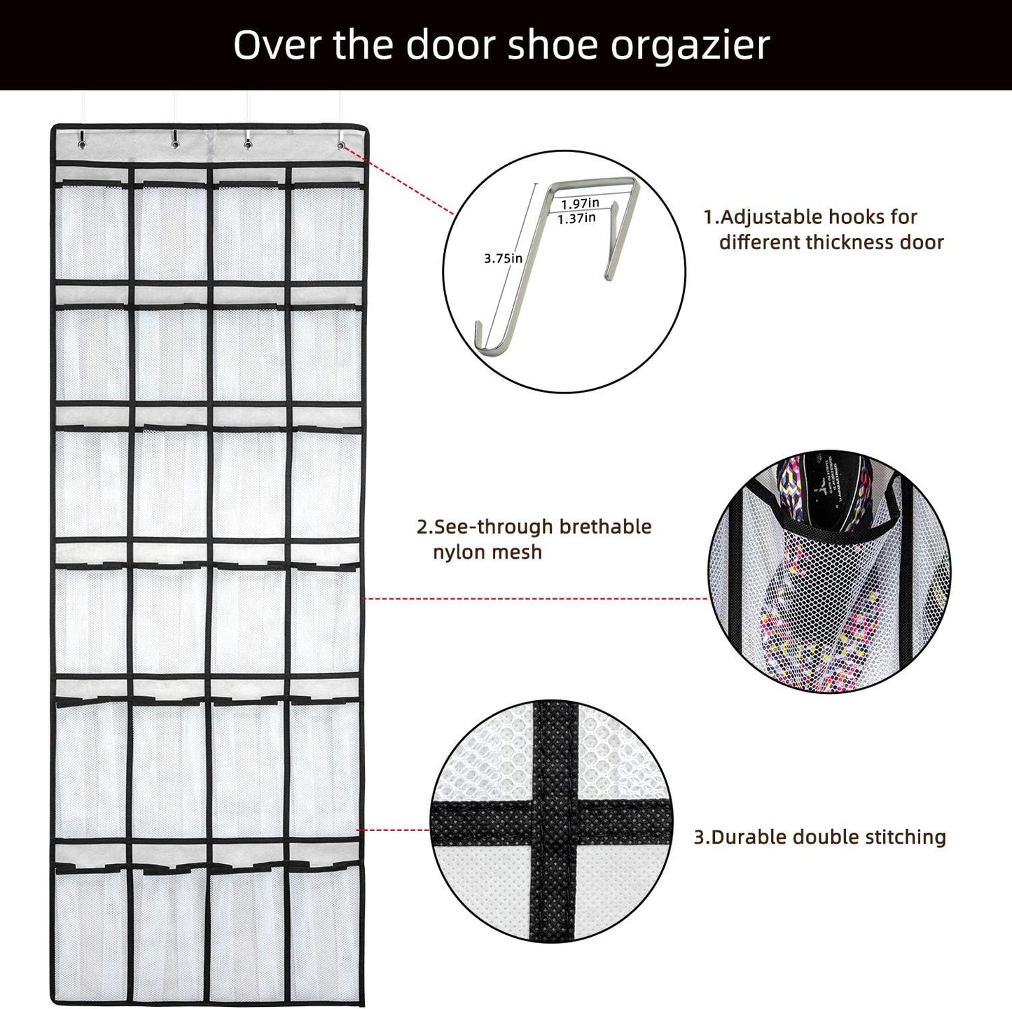 Over-the-Door Hanging Shoe Organizer – 24 Large Mesh Pockets Shoe Rack for Men, Women & Kids – Space-Saving Door Storage Bag (White)