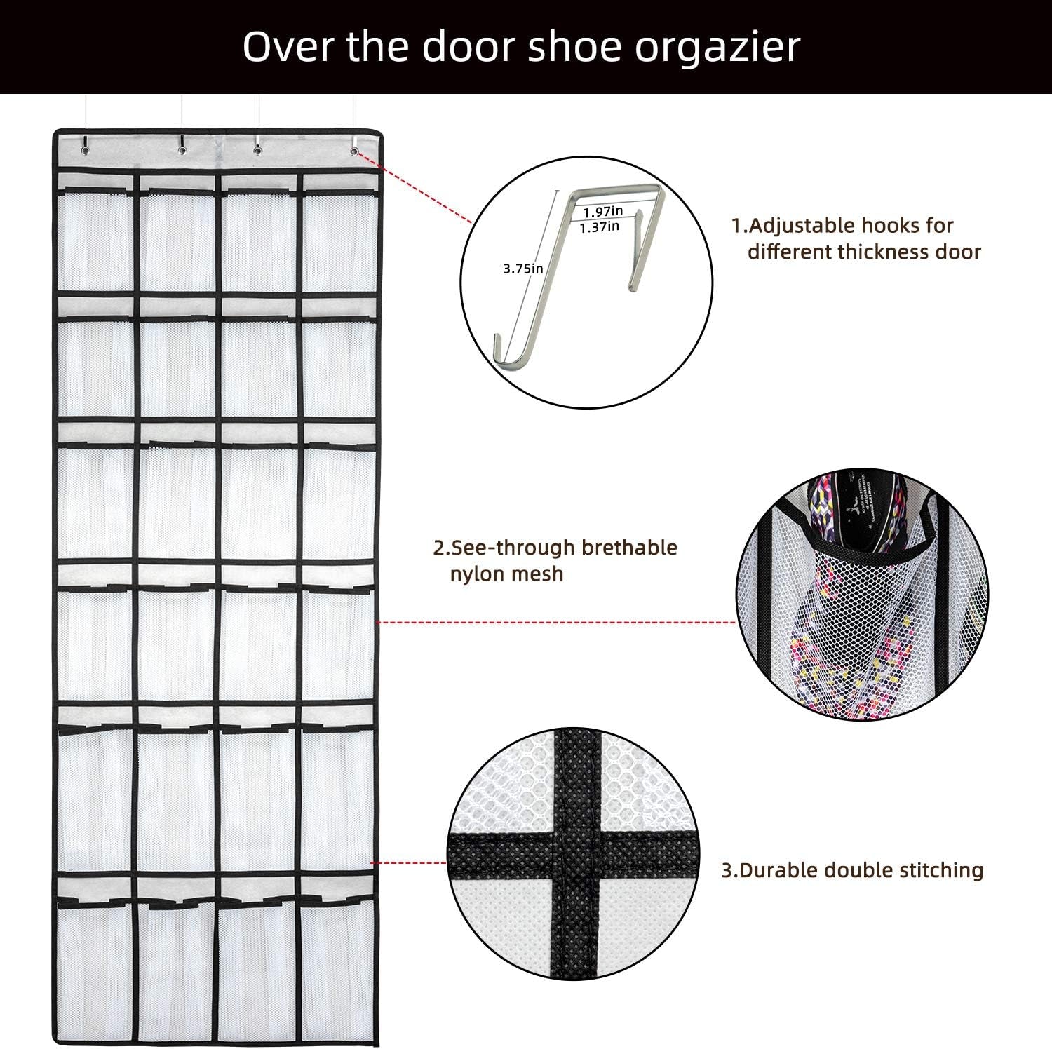 Over-the-Door Hanging Shoe Organizer – 24 Large Mesh Pockets Shoe Rack for Men, Women & Kids – Space-Saving Door Storage Bag (White)