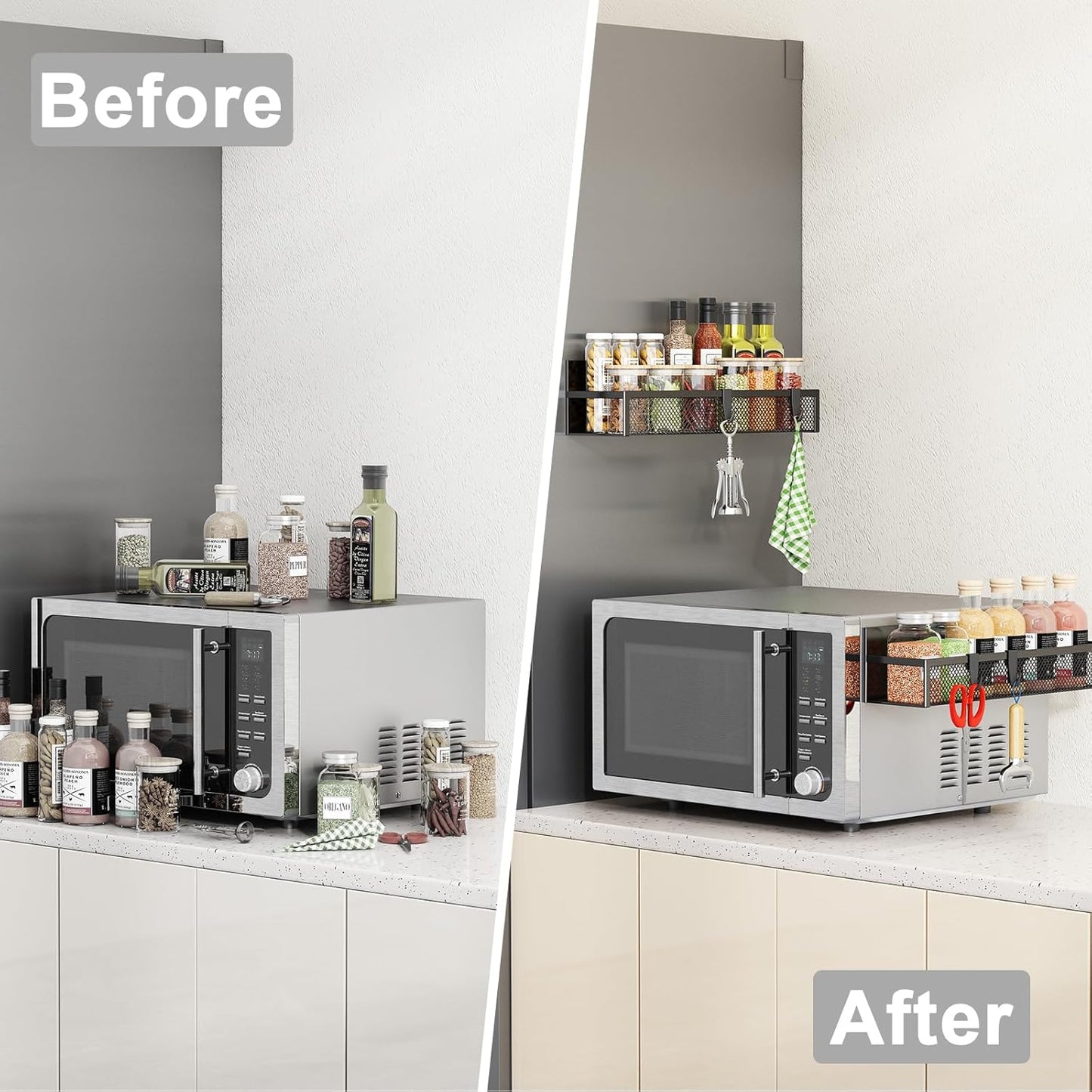 2-Pack Magnetic Spice Rack for Refrigerator – Fridge Organizer Shelves with 4 Moveable Hooks – Space-Saving Magnetic Kitchen Storage Shelf for Spices & Utensils