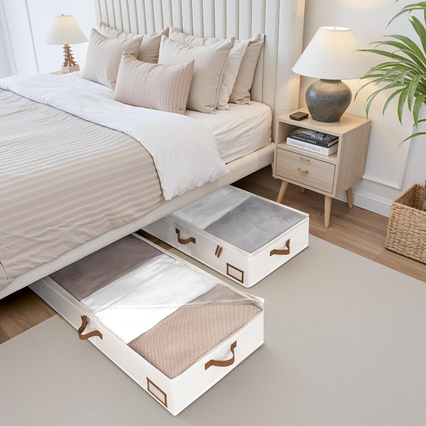 Underbed Storage Boxes with Lids – 2-Pack Large Rigid Containers for Clothes, Bedding & Bedroom Accessories, Ultra-Thick Ivory White Organisers
