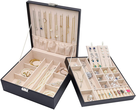 Large Jewellery Box Organiser – 2-Tier Black Storage Case with Removable Dividers for Earrings, Rings, Bracelets & Necklaces, Ideal Gift for Women