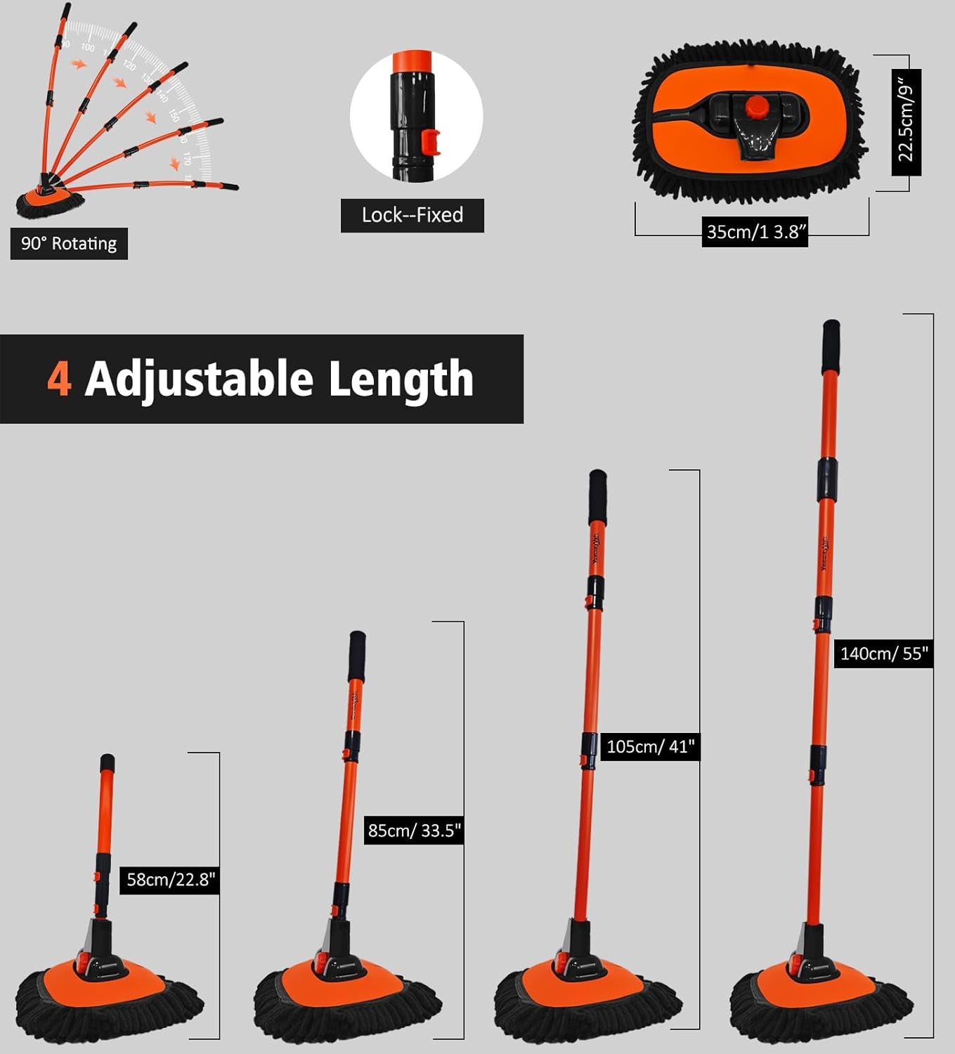 55" Extendable Car Wash Brush Mop – Soft Microfiber Cleaning Kit with Extra Mop Head & Storage Bag for Truck & SUV, Orange