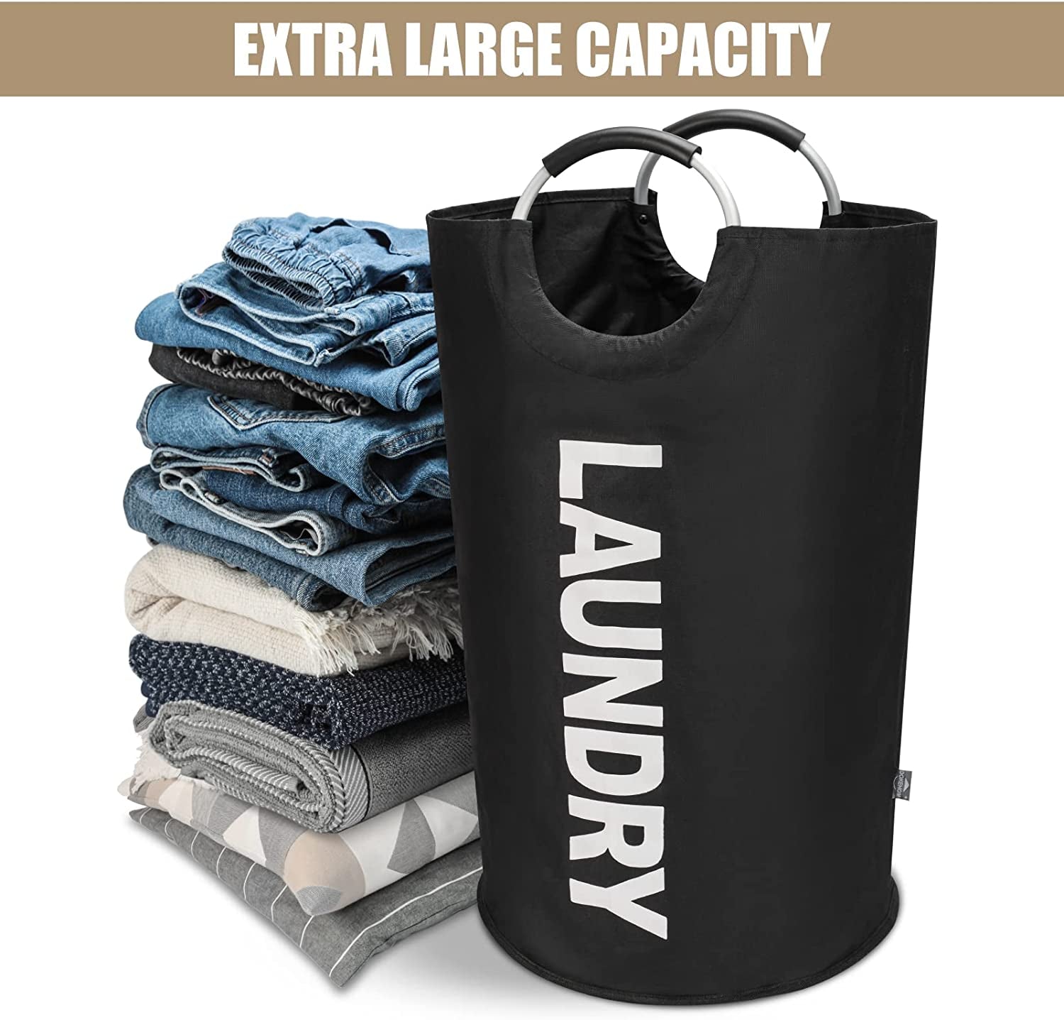 90L Large Collapsible Laundry Basket – Freestanding Tall Clothes Hamper & Foldable Washing Bin for Home, Dorm & Travel (Black)