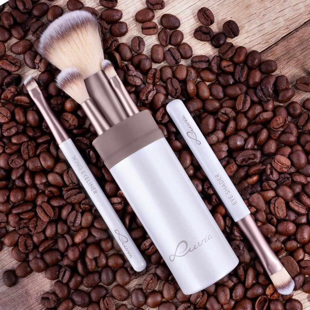 Luvia Travel Makeup Brush Set – 5-Piece Vegan Cosmetic Brushes with Storage Case, Macchiato Edition (White/Black)