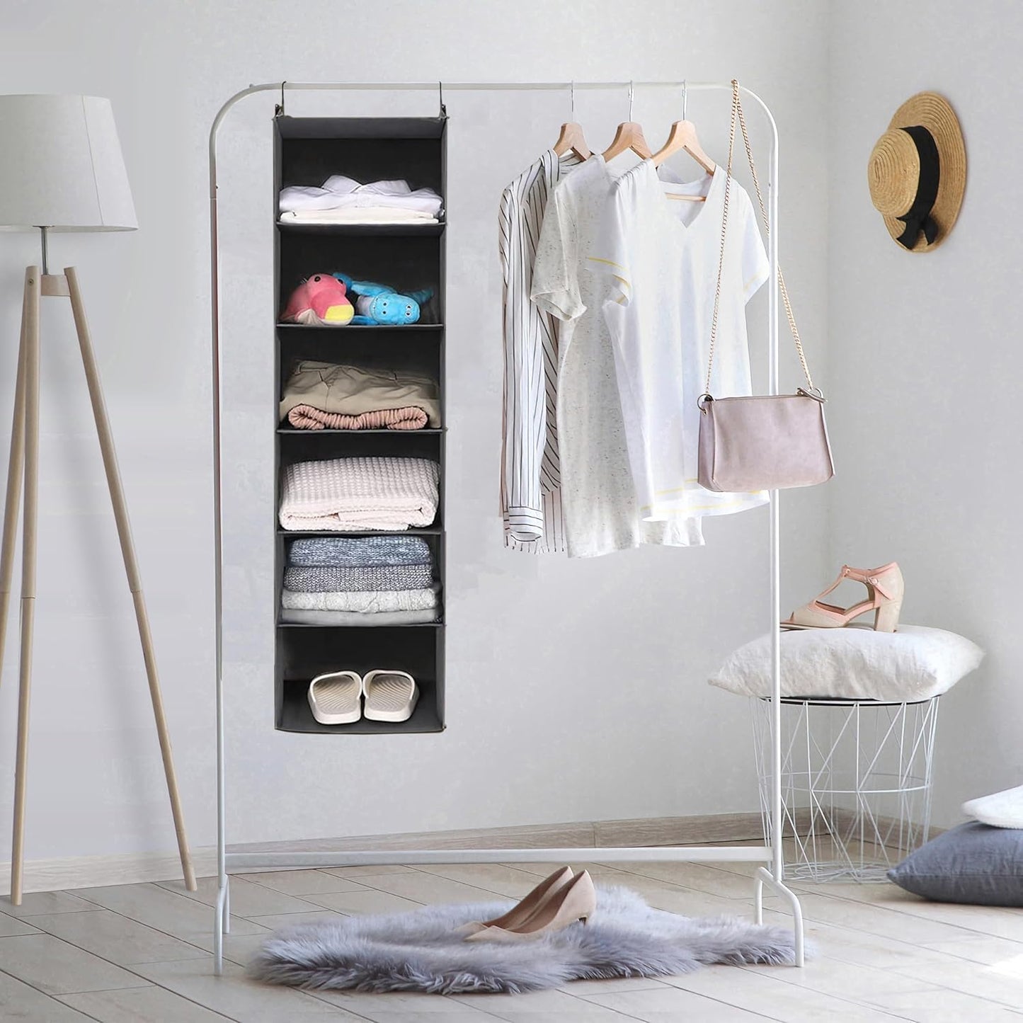 6-Tier Hanging Closet Organizer – Foldable Fabric Shelf with 2 Sturdy Hooks for Wardrobe & Storage Organization (Grey)