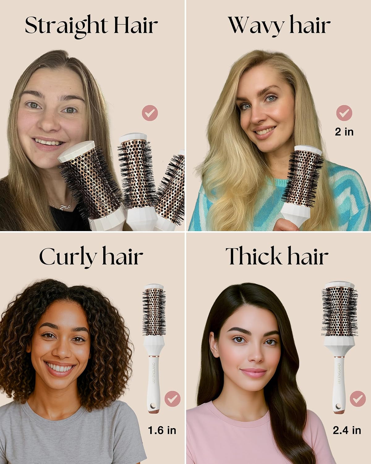 4-Piece Round Hair Brush Set – Professional Blow Dry Kit with 3 Thermal Round Brushes & Styling Comb for Volume, Curling & Smoothing, Beauty Gift Set for Women
