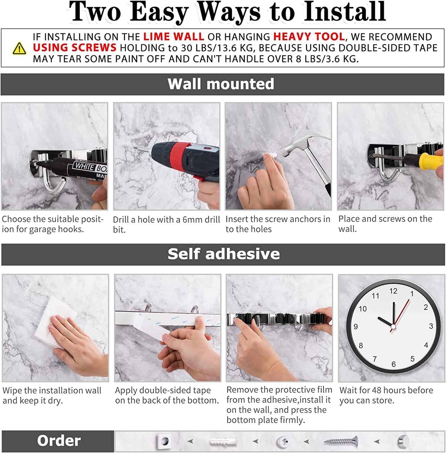Wall-Mounted Broom & Mop Holder – Heavy Duty Stainless Steel Organizer with 5 Holders & 4 Hooks – Self-Adhesive or Nail Installation for Garage, Kitchen & Utility Room