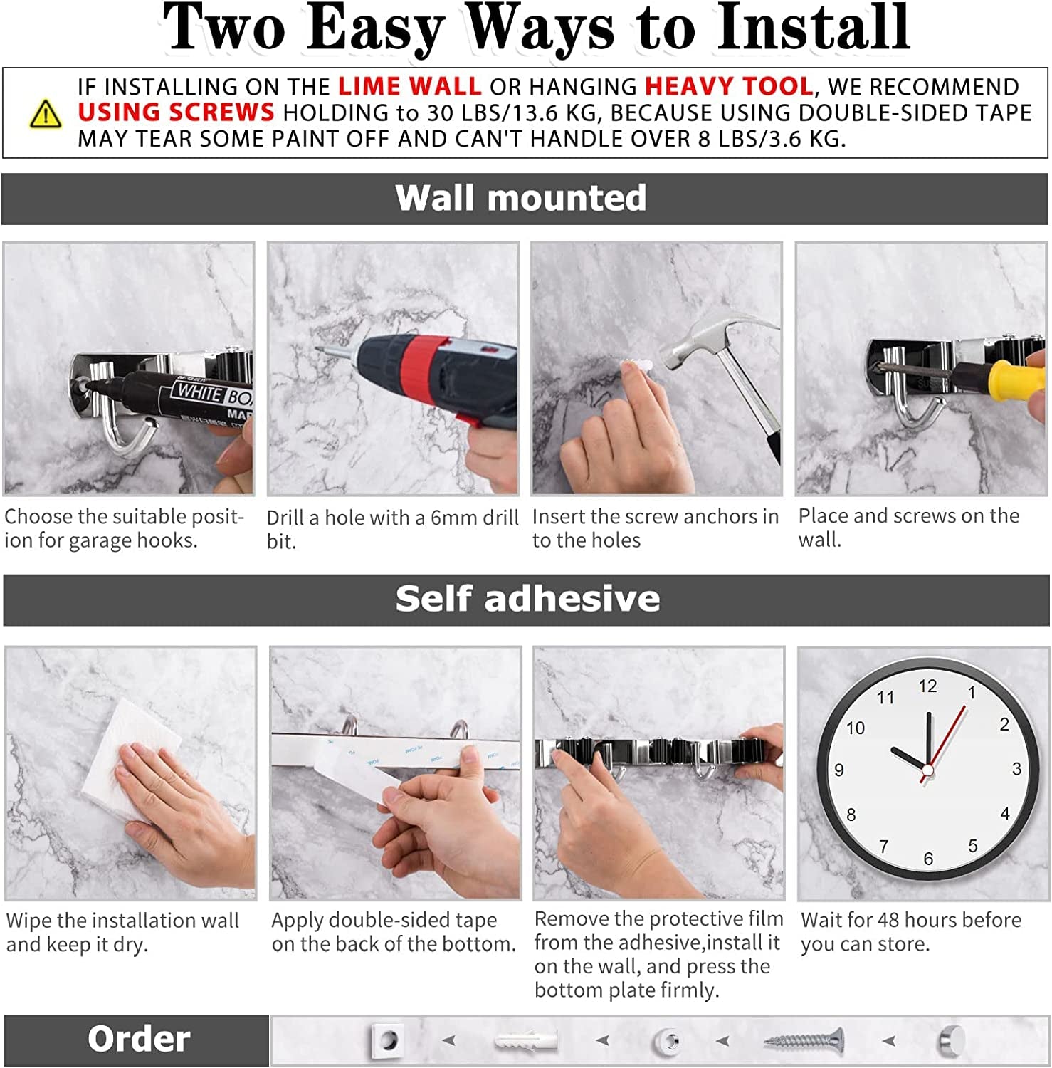 Wall-Mounted Broom & Mop Holder – Heavy Duty Stainless Steel Organizer with 5 Holders & 4 Hooks – Self-Adhesive or Nail Installation for Garage, Kitchen & Utility Room