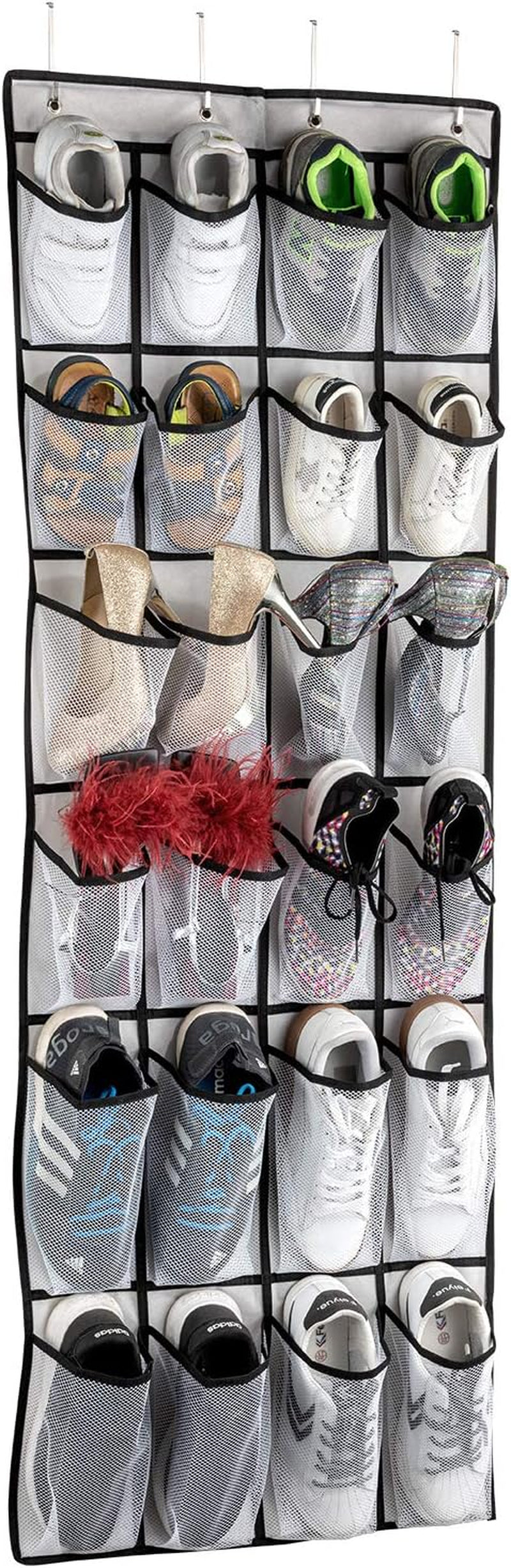 Over-the-Door Hanging Shoe Organizer – 24 Large Mesh Pockets Shoe Rack for Men, Women & Kids – Space-Saving Door Storage Bag (White)