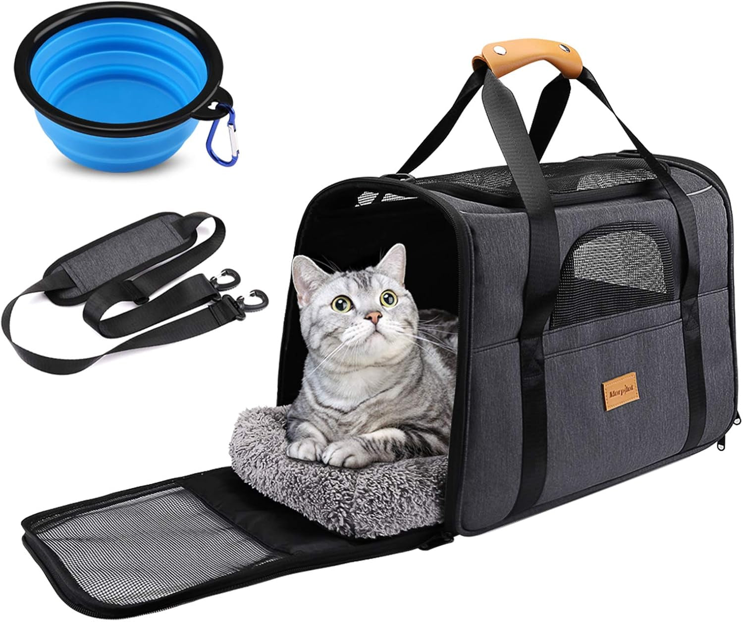 Portable Cat & Small Dog Carrier – Foldable Soft-Sided Pet Travel Bag with Shoulder Strap, Removable Mat & Bowl – Airline Approved