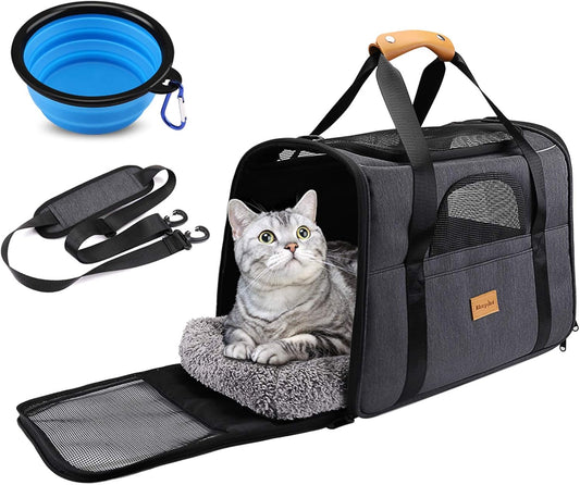 Portable Cat & Small Dog Carrier – Foldable Soft-Sided Pet Travel Bag with Shoulder Strap, Removable Mat & Bowl – Airline Approved
