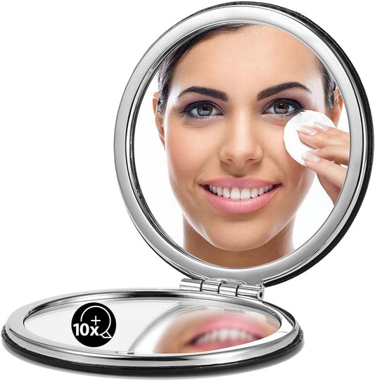 Compact Mirror with 1X/10X Magnification – Round PU Leather Travel Mirror for Purse, Makeup & Touch-Ups (Classic Black)