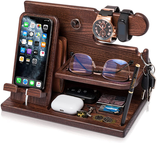 Wood Phone Docking Station Desk Organizer – Nightstand Key & Wallet Stand, Gift for Men, Dad, Boyfriend, Husband (Xmas, Birthday, Anniversary)