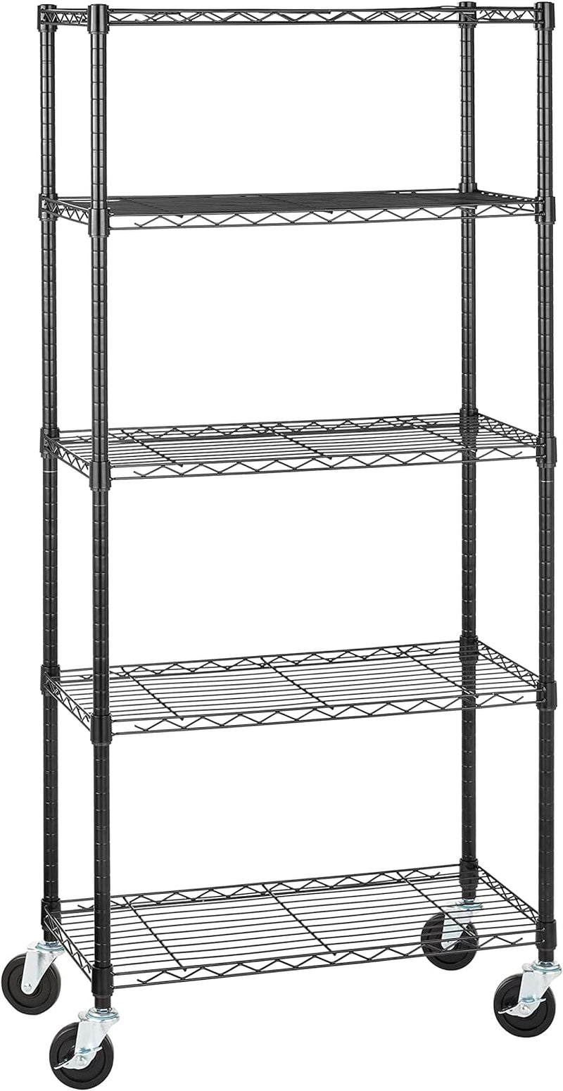 5-Shelf Medium Storage Unit – Heavy Duty Adjustable Shelving with 4" Casters & Levelling Feet, 680Kg Capacity, 76.2×35.6×164.5 cm, Black