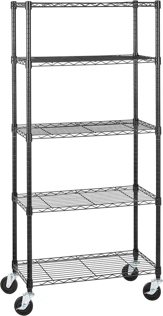 5-Shelf Medium Storage Unit – Heavy Duty Adjustable Shelving with 4" Casters & Levelling Feet, 680Kg Capacity, 76.2×35.6×164.5 cm, Black