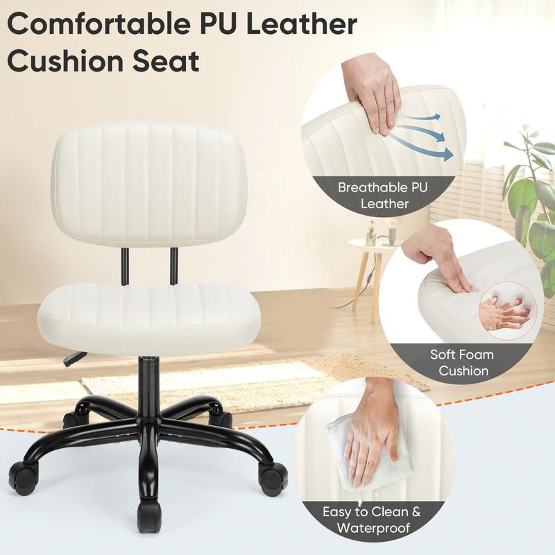 Compact PU Leather Office Chair – Height Adjustable Armless Swivel Task Chair for Small Spaces, Home Office, Bedroom, Student Desk & Vanity Use