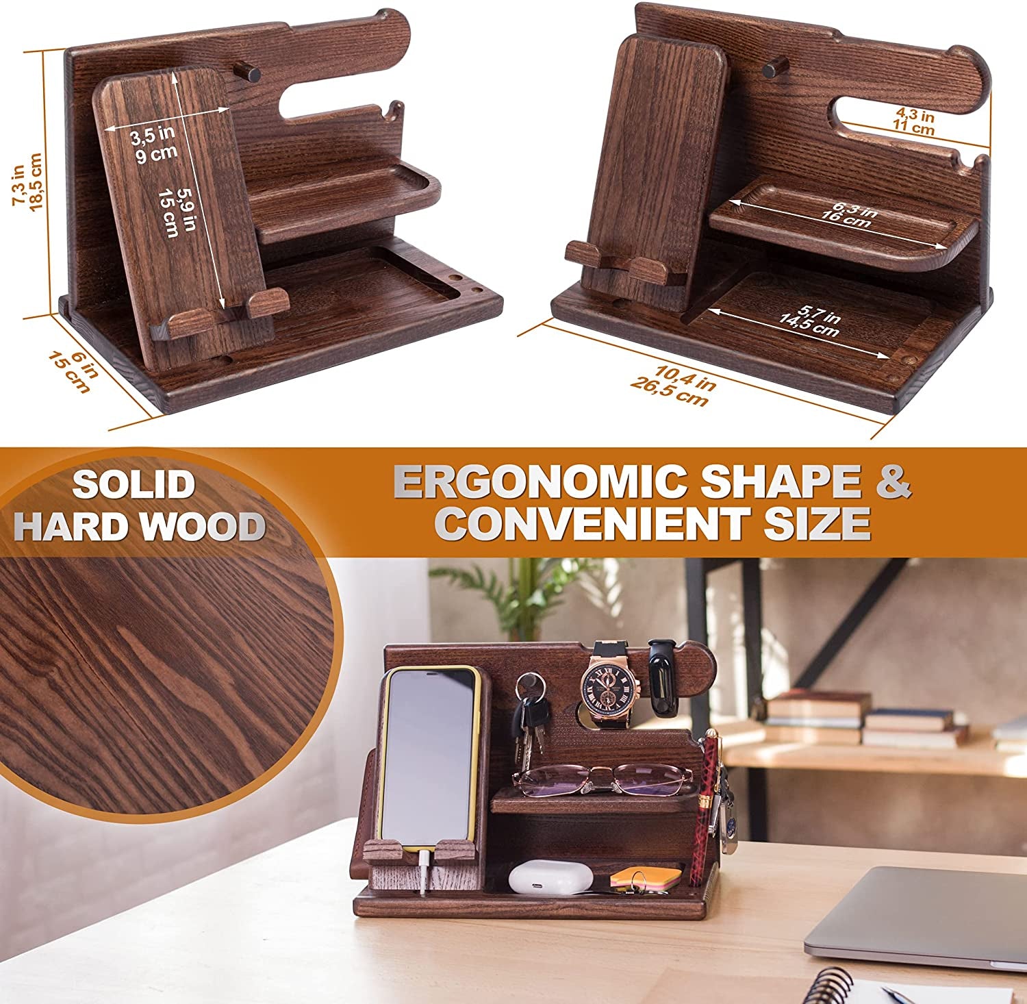 Wood Phone Docking Station Desk Organizer – Nightstand Key & Wallet Stand, Gift for Men, Dad, Boyfriend, Husband (Xmas, Birthday, Anniversary)