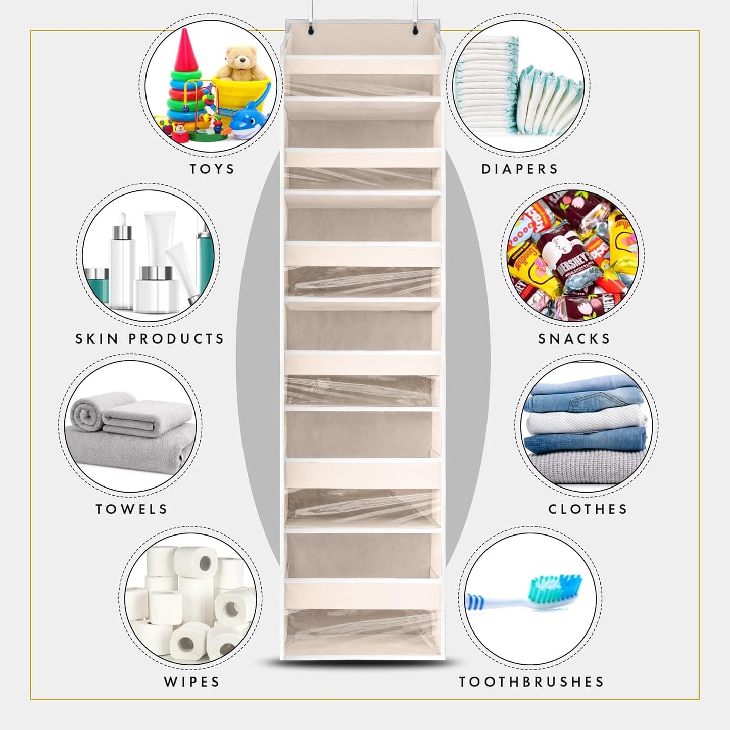 Heavy Duty Over-the-Door Organizer – 55"x14"x6.7" Hanging Storage with 6 Large Front & 12 Side Pockets for Bedroom, Bathroom & Nursery (Ivory)