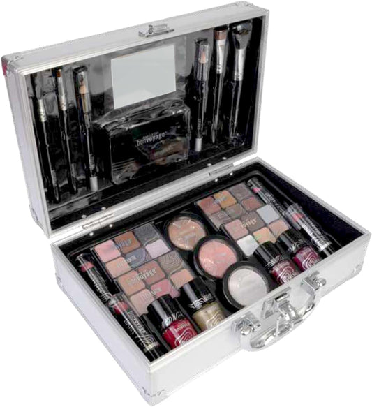 43-Piece Complete Makeup Kit – Lipsticks, Eyeshadows, Blush, Nail Polish & Brushes in Portable Metal Train Case – Bon Voyage Beauty Set