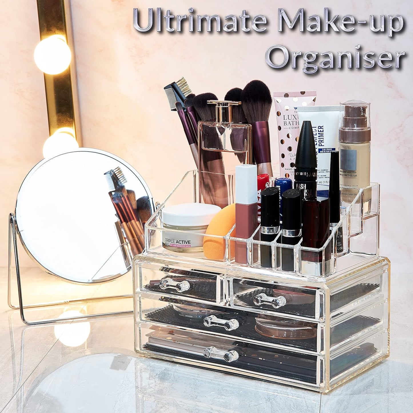 Clear Acrylic Makeup Organizer with 4 Drawers – 4-Tier Cosmetic Storage Box for Women & Teenagers (12 × 24 × 22 cm) – Skincare, Jewellery & Beauty Organizer for Bathroom or Dressing Table
