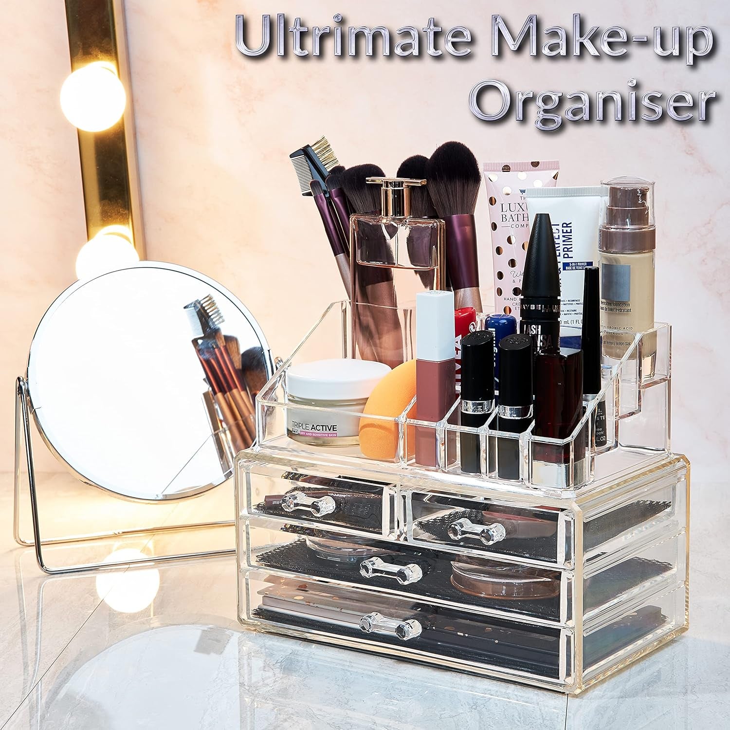 Clear Acrylic Makeup Organizer with 4 Drawers – 4-Tier Cosmetic Storage Box for Women & Teenagers (12 × 24 × 22 cm) – Skincare, Jewellery & Beauty Organizer for Bathroom or Dressing Table