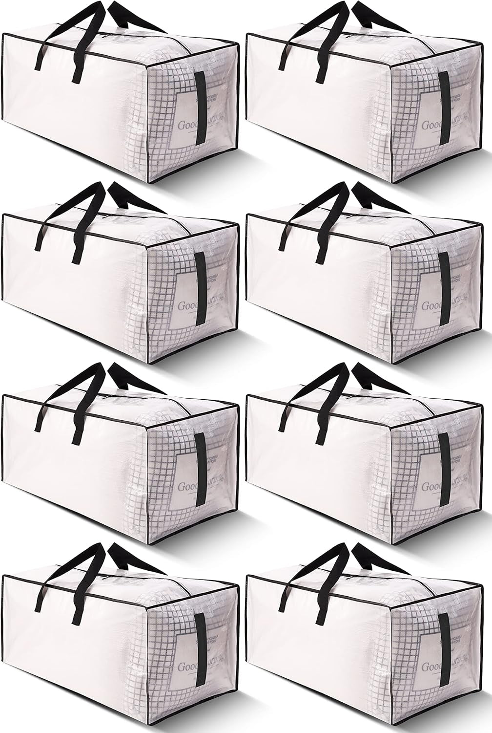 8-Pack Large Clear Moving Bags – Heavy Duty Water-Resistant Storage Totes with Zippers & Handles, Foldable Space-Saving Alternative to Boxes