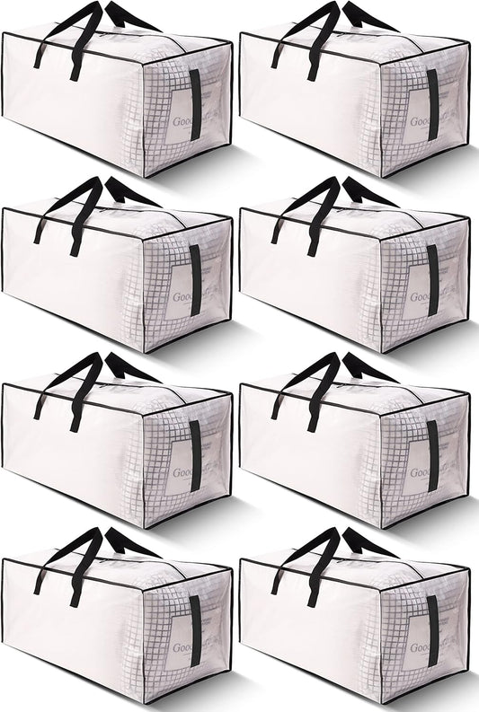 8-Pack Large Clear Moving Bags – Heavy Duty Water-Resistant Storage Totes with Zippers & Handles, Foldable Space-Saving Alternative to Boxes