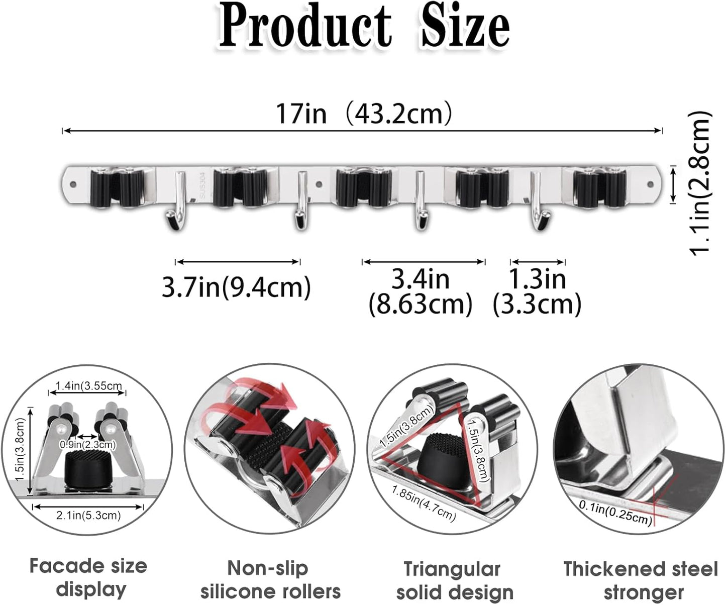 Wall-Mounted Broom & Mop Holder – Heavy Duty Stainless Steel Organizer with 5 Holders & 4 Hooks – Self-Adhesive or Nail Installation for Garage, Kitchen & Utility Room