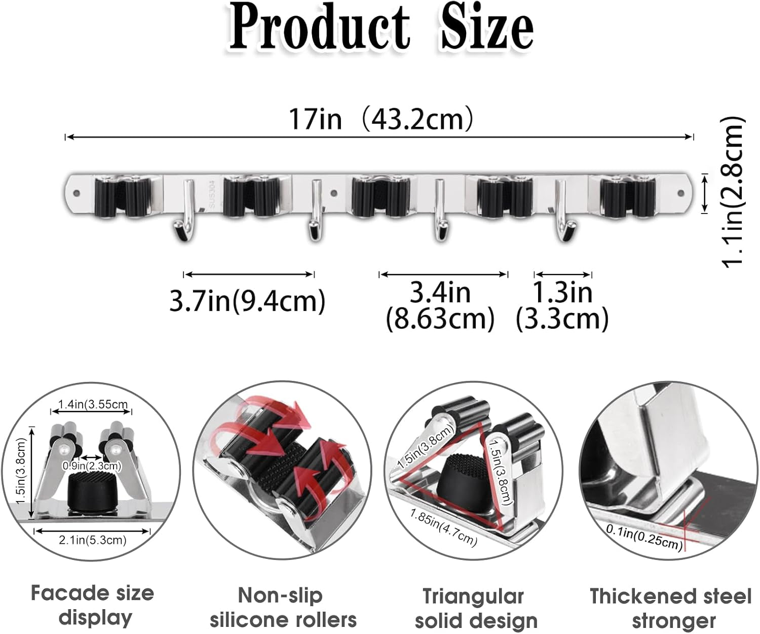 Wall-Mounted Broom & Mop Holder – Heavy Duty Stainless Steel Organizer with 5 Holders & 4 Hooks – Self-Adhesive or Nail Installation for Garage, Kitchen & Utility Room